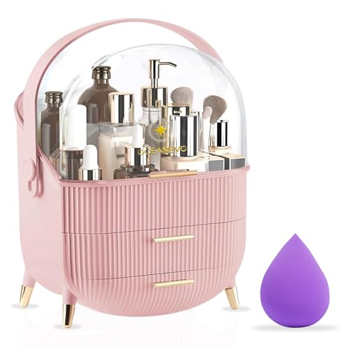 OCEANEVO Cosmetic Makeup Organizer Box for Women with Makeup Sponge, Dressing Table Storage Organizer with Drawer for Skincare, Perfume, Lipstick & Beauty Essentials | Model 2 – Pink - Image 1