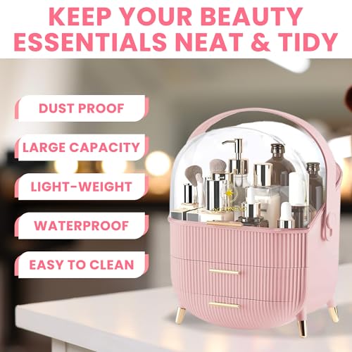 OCEANEVO Cosmetic Makeup Organizer Box for Women with Makeup Sponge, Dressing Table Storage Organizer with Drawer for Skincare, Perfume, Lipstick & Beauty Essentials | Model 2 – Pink - Image 5