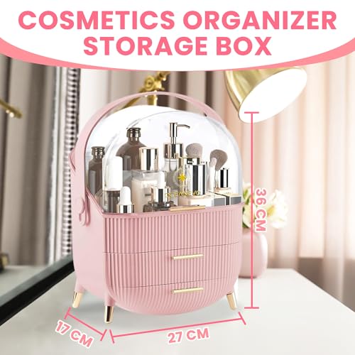 OCEANEVO Cosmetic Makeup Organizer Box for Women with Makeup Sponge, Dressing Table Storage Organizer with Drawer for Skincare, Perfume, Lipstick & Beauty Essentials | Model 2 – Pink - Image 3