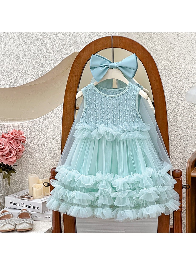 Mint Green Ruffled Tulle Princess Dress with Bow Veil for Toddler Girls, Perfect for Birthday Parties, Photo Shoots & Special Occasions, Fits Height 100–110 cm (3–4 Y, 15–18.5 kg), Soft Polyester  - Image 1