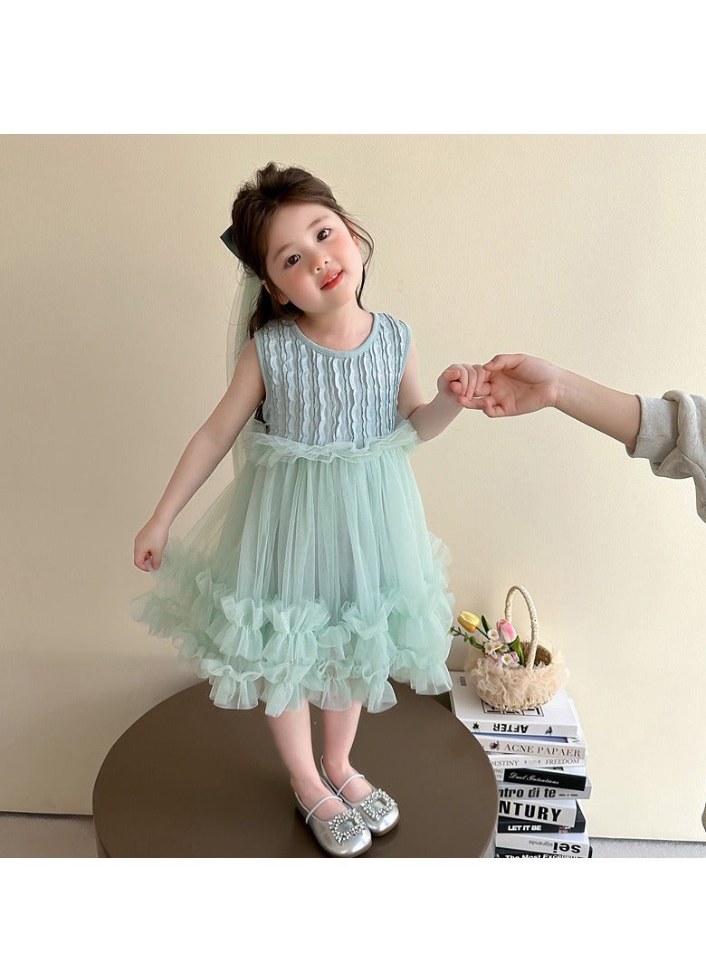 Mint Green Ruffled Tulle Princess Dress with Bow Veil for Toddler Girls, Perfect for Birthday Parties, Photo Shoots & Special Occasions, Fits Height 100–110 cm (3–4 Y, 15–18.5 kg), Soft Polyester  - Image 4