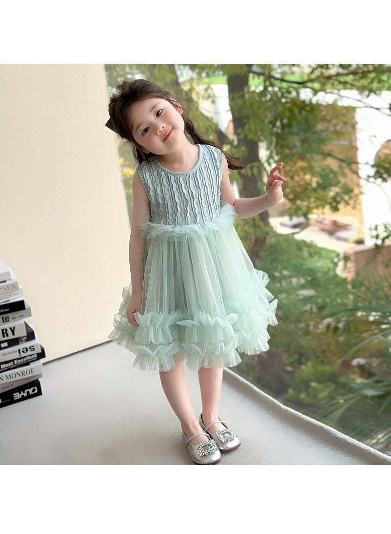 Mint Green Ruffled Tulle Princess Dress with Bow Veil for Toddler Girls, Perfect for Birthday Parties, Photo Shoots & Special Occasions, Fits Height 100–110 cm (3–4 Y, 15–18.5 kg), Soft Polyester  - Image 5