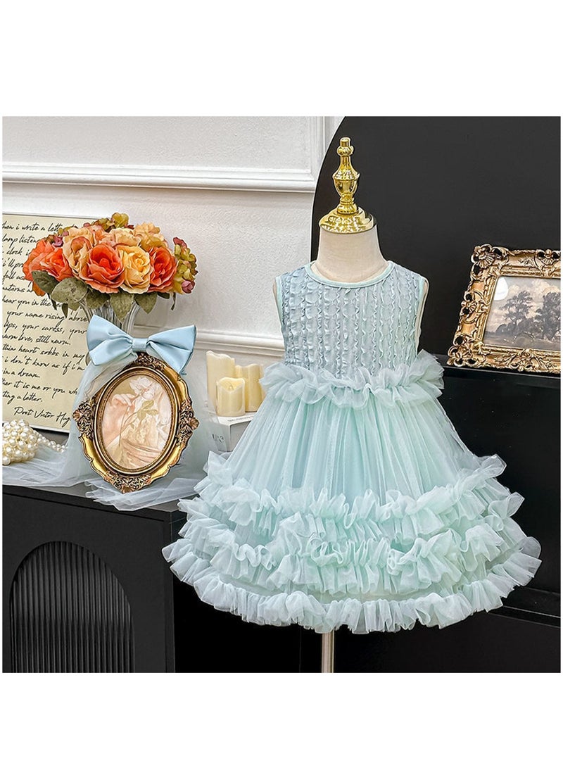 Mint Green Ruffled Tulle Princess Dress with Bow Veil for Toddler Girls, Perfect for Birthday Parties, Photo Shoots & Special Occasions, Fits Height 100–110 cm (3–4 Y, 15–18.5 kg), Soft Polyester  - Image 2