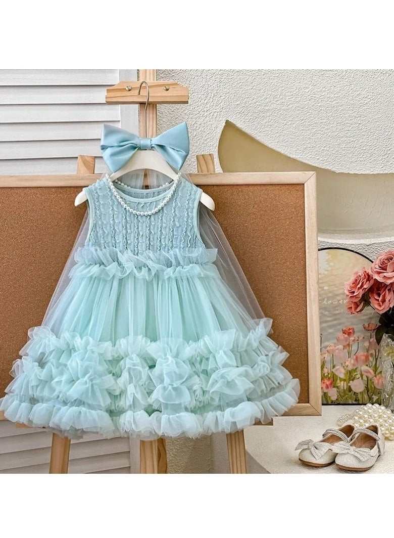 Mint Green Ruffled Tulle Princess Dress with Bow Veil for Toddler Girls, Perfect for Birthday Parties, Photo Shoots & Special Occasions, Fits Height 100–110 cm (3–4 Y, 15–18.5 kg), Soft Polyester  - Image 3