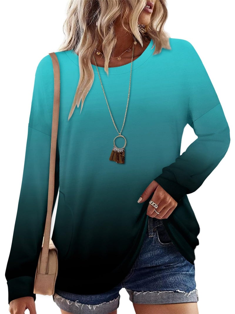 onlypuff Womens Top Blue Tie Dye Shirts Long Sleeve T Shirt Ladies Blouse Casual Loose Fit Tunic Top L - Image 2