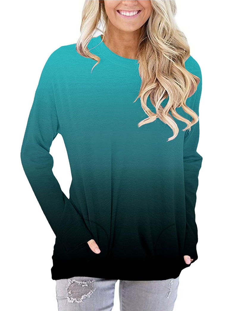 onlypuff Womens Top Blue Tie Dye Shirts Long Sleeve T Shirt Ladies Blouse Casual Loose Fit Tunic Top L - Image 3