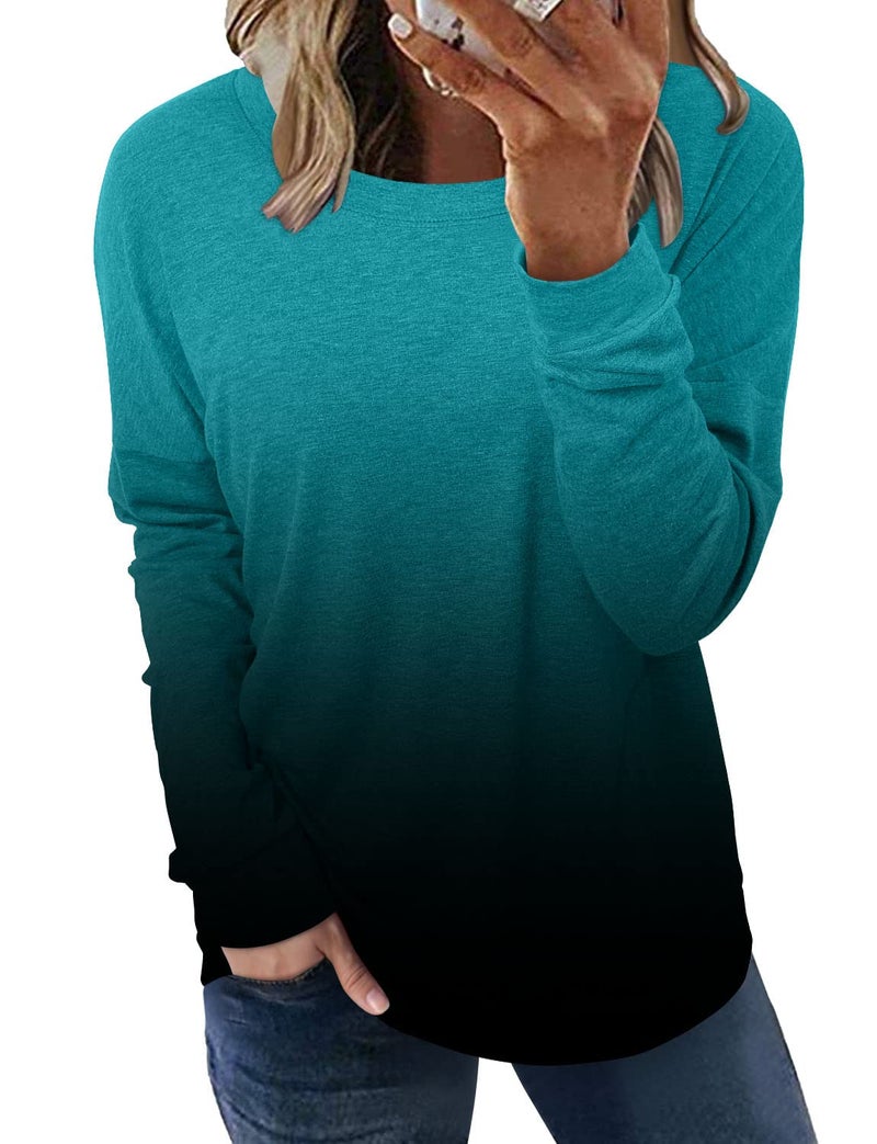 onlypuff Womens Top Blue Tie Dye Shirts Long Sleeve T Shirt Ladies Blouse Casual Loose Fit Tunic Top L - Image 1