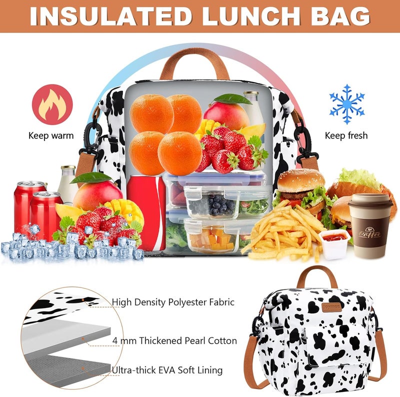 Joymee Lunch Bag Women Insulated Lunch Box Reusable Leakproof Large Spacious Cooler Tote for Women Men Adult with Bottle Holder and Side Pockets for Work Office Travel Picnic -08 Cow - Image 2