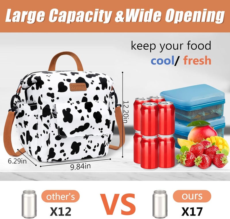 Joymee Lunch Bag Women Insulated Lunch Box Reusable Leakproof Large Spacious Cooler Tote for Women Men Adult with Bottle Holder and Side Pockets for Work Office Travel Picnic -08 Cow - Image 4