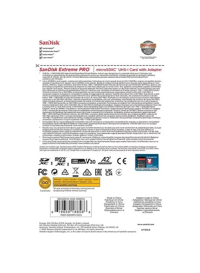 SanDisk 512GB Extreme PRO microSDXC card + SD adapter + RescuePRO Deluxe, up to 200MB/s, with A2 App Performance, UHS-I, Class 10, U3, V30, Black - Image 4