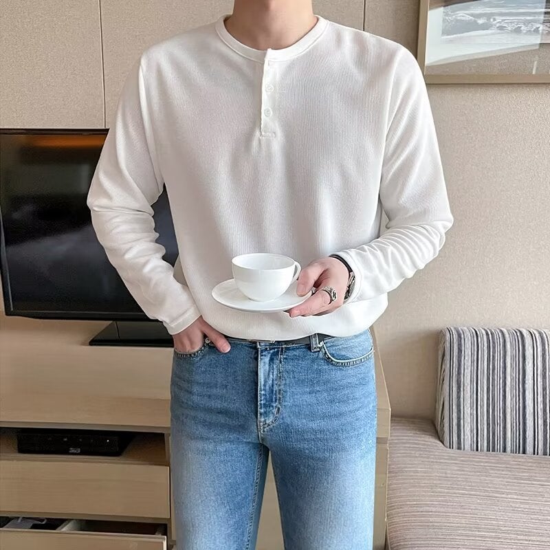 2023 Thin Draping Anti-Wrinkle Long-Sleeved Men'S T-Shirt Loose High-Grade Round Neck Half-Open Buckle Pullover Men'S T-Shirt - Image 5