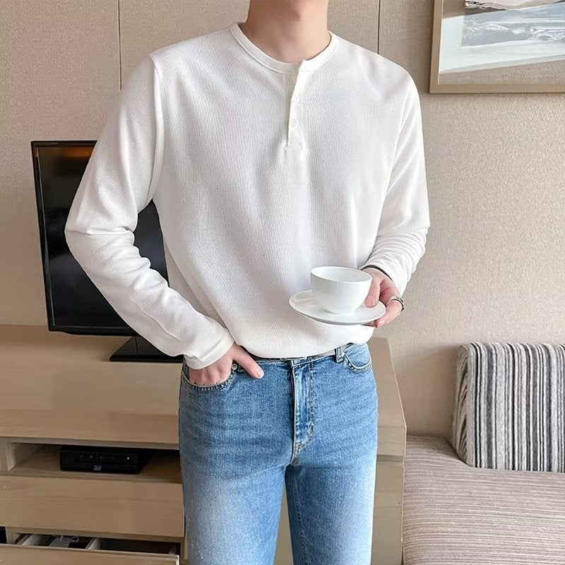 2023 Thin Draping Anti-Wrinkle Long-Sleeved Men'S T-Shirt Loose High-Grade Round Neck Half-Open Buckle Pullover Men'S T-Shirt - Image 4