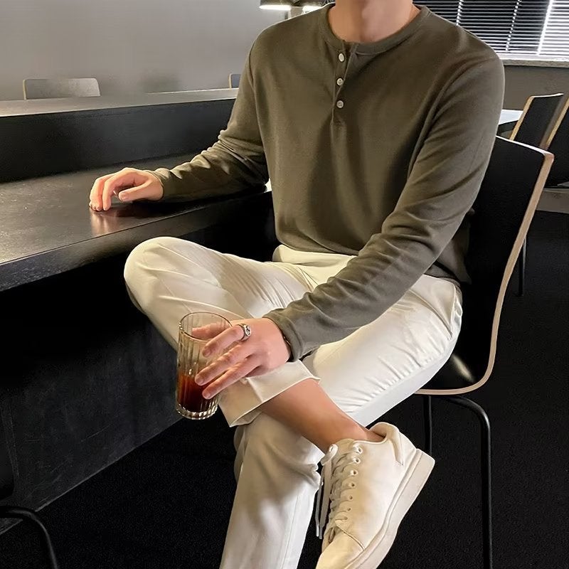 2023 Thin Draping Anti-Wrinkle Long-Sleeved Men'S T-Shirt Loose High-Grade Round Neck Half-Open Buckle Pullover Men'S T-Shirt - Image 2