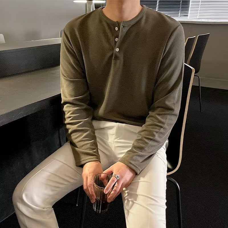 2023 Thin Draping Anti-Wrinkle Long-Sleeved Men'S T-Shirt Loose High-Grade Round Neck Half-Open Buckle Pullover Men'S T-Shirt - Image 3