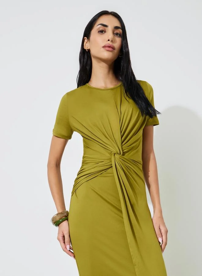 ستايلي Green Solid Gathered Waist Bodycon Maxi Dress