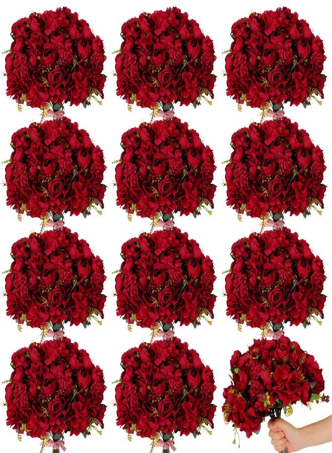XunYee 12 Bundles Artificial Fall Flowers Fake Roses Silk Bouquets Fall Fake Flower Bulk Autumn Faux Flowers Arrangements Wedding Decorations for Bridal Baby Shower Table Floral Centerpieces (Red) - Image 1