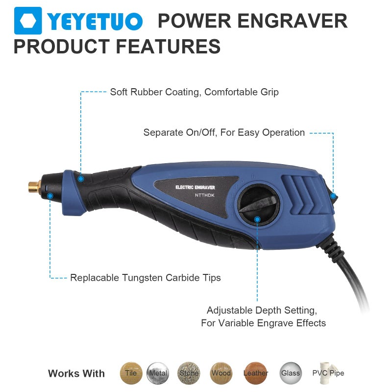YEYETUO 25W Engraving Pen, 6 Speed Power Engraving Tool, Handheld Engraver Pen with Tungsten Carbide Steel Bits for Wood Metal Glass Professional Etching Tool - Image 2