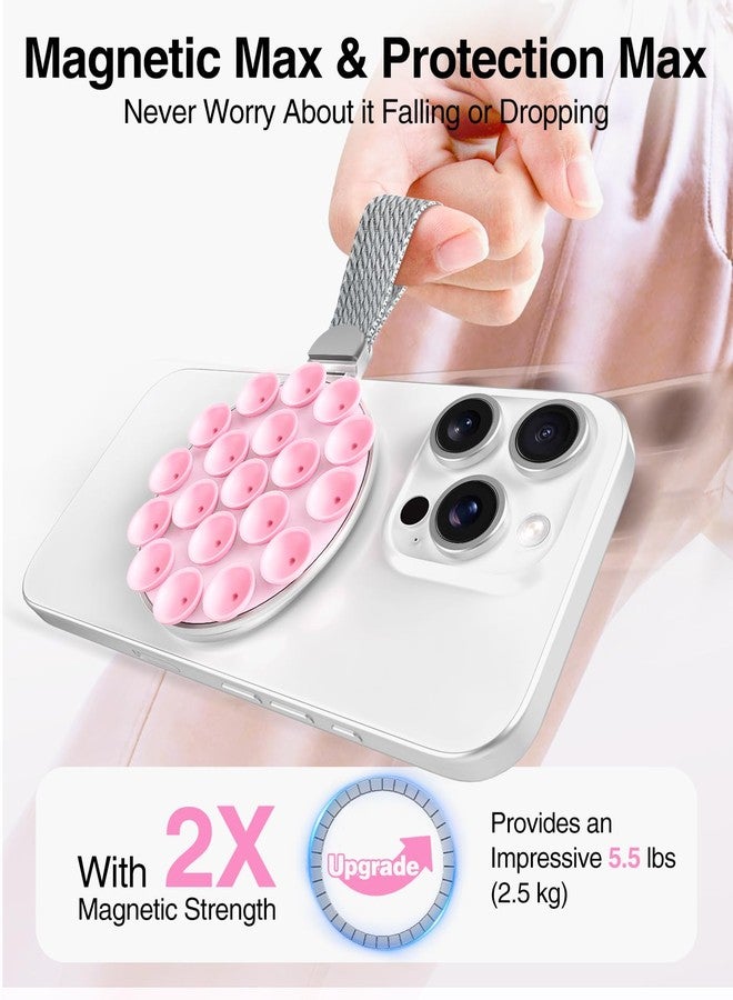 ivoler MagSuction Grip Magnetic Phone Grip Holder for MagSafe, Silicone Suction Phone Mount, Adjustable Kickstand with Finger Loop, Compatible with iPhone 17/16/15/14/13/12 Series (Silver&Pink) - Image 3
