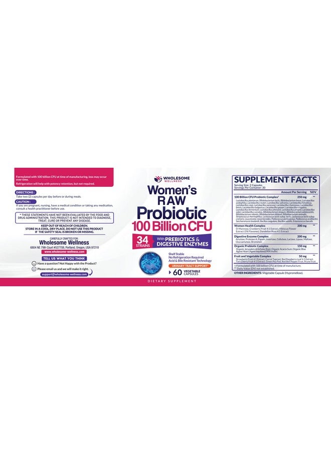 Wholesome Wellness - Dr. Formulated Raw Probiotics For Women 100 Billion Cfus With Prebiotics Digestive Enzymes Approved Women - Image 1