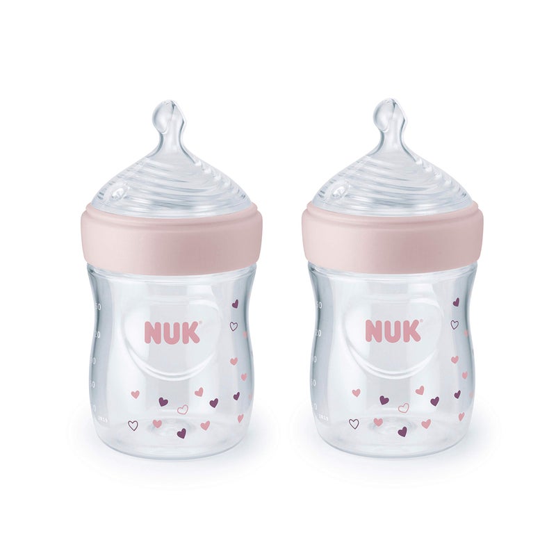 NUK Simply Natural Baby Bottle with SafeTemp, 5 oz, 2 Pack, Pink Hearts - Image 1