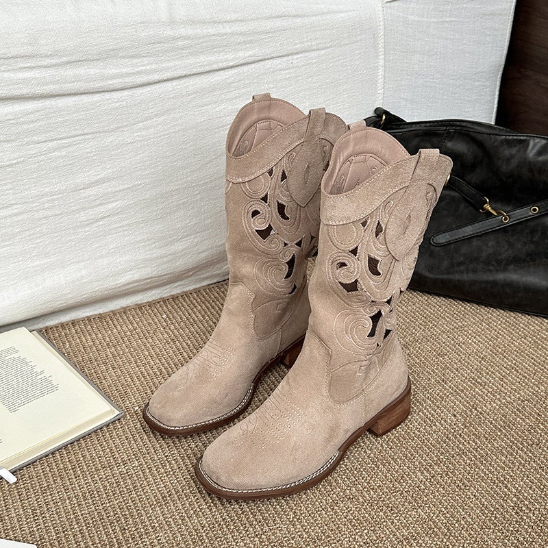 Fashion Retro Hollow Embroidery Western Cowboy Boots For Women 2025 Easiest For Match Outerwear Thick Heel Knight Boots - Image 1