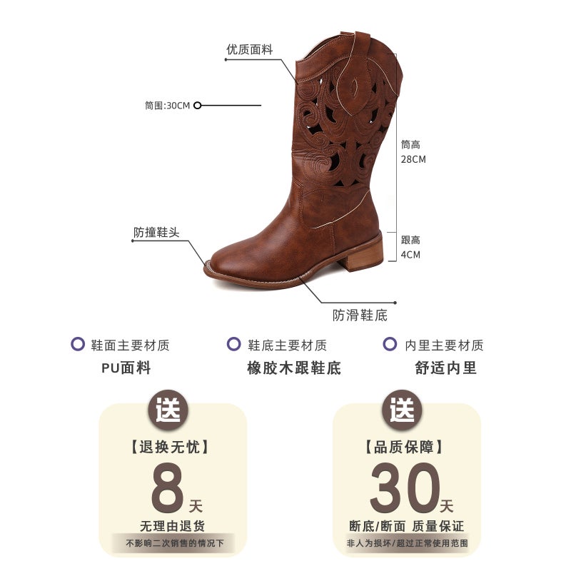 Fashion Retro Hollow Embroidery Western Cowboy Boots For Women 2025 Easiest For Match Outerwear Thick Heel Knight Boots - Image 5