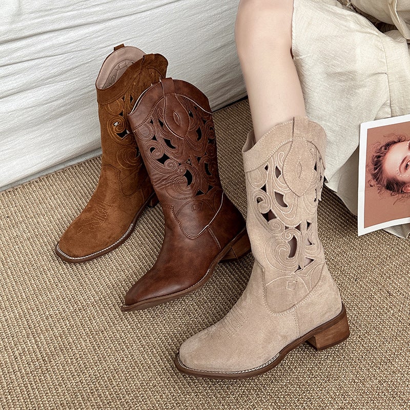 Fashion Retro Hollow Embroidery Western Cowboy Boots For Women 2025 Easiest For Match Outerwear Thick Heel Knight Boots - Image 2