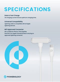 Powerology MFI Braided Type-C to Type-C and Lightning 2in1 C94 Cable 1.2M - White  - Image 5