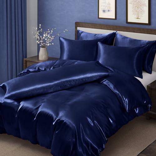 MILVOWOC 6 Pcs Navy Blue Satin Duvet Cover King Size Set Silky Bed Duvet Cover Ultra Soft Comforter Cover 1 Satin Duvet Cover 1 Body Pillowcase 4 Pillow Cases No Comforter