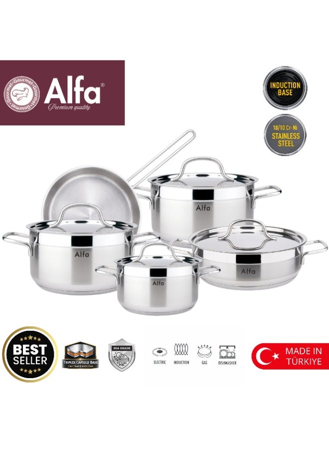 ALFA Original 9 Piece 18/10 Stainless Steel Cookware Set Induction Compatible 3 Deep Pots 1 Low Pot 1 Fry Pan Premium Pots and Pans Made in Türkiye - Image 1