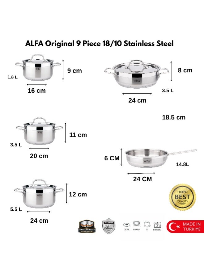 ALFA Original 9 Piece 18/10 Stainless Steel Cookware Set Induction Compatible 3 Deep Pots 1 Low Pot 1 Fry Pan Premium Pots and Pans Made in Türkiye - Image 3