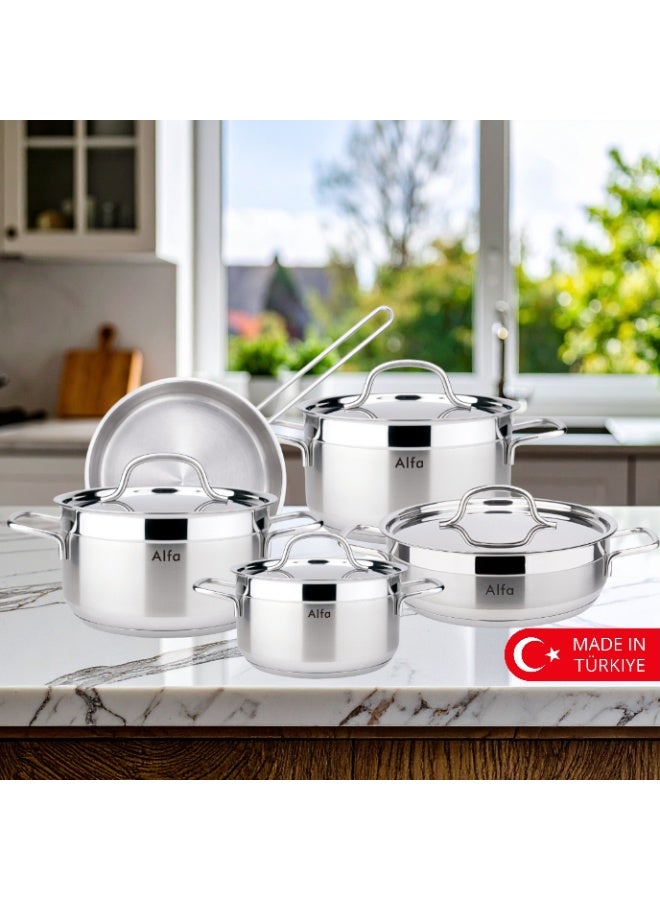 ALFA Original 9 Piece 18/10 Stainless Steel Cookware Set Induction Compatible 3 Deep Pots 1 Low Pot 1 Fry Pan Premium Pots and Pans Made in Türkiye - Image 2