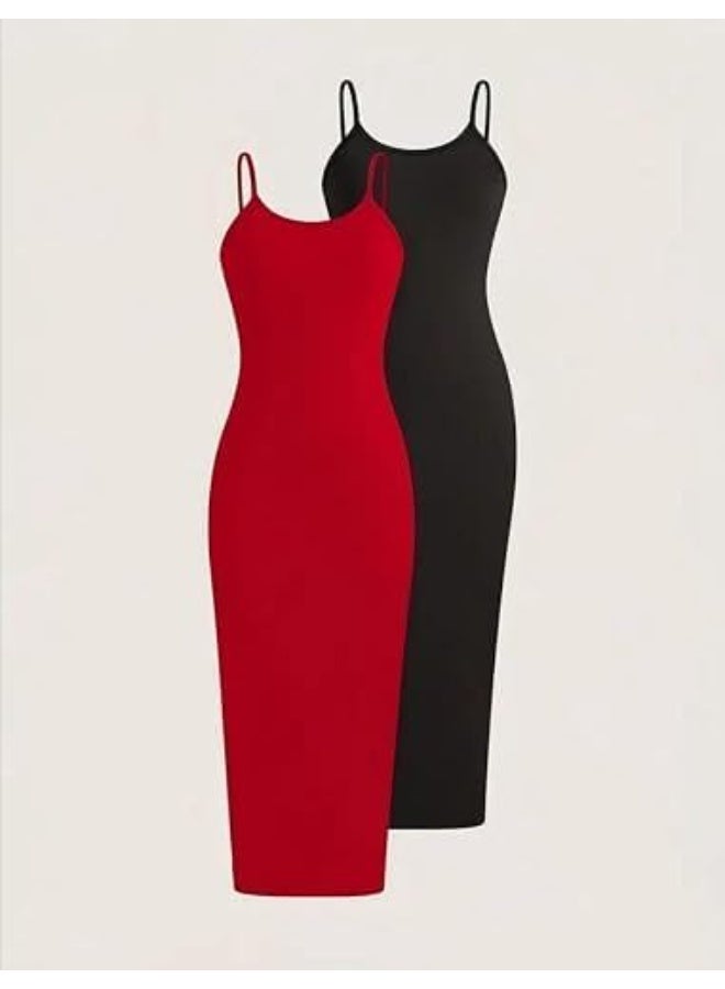 Women's 2-piece dress set – Long fitted dress with thin straps in solid colors for everyday wear, code 7635 - Image 3