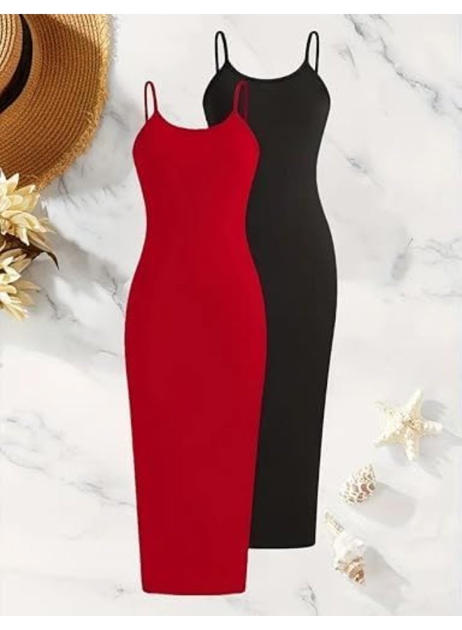 Women's 2-piece dress set – Long fitted dress with thin straps in solid colors for everyday wear, code 7635 - Image 1