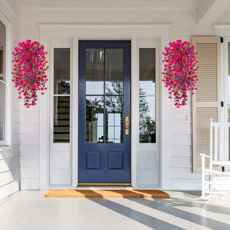 Hrobek Artificial Hanging Petunias Flowers for Outdoor, 2pcs Fake Plants Long Vine Morning Glory Eucalyptus, UV Resistant Realistic Faux Greenery Outside Patio Porch Garden Spring Decor, Purple Hot Pink - Image 3