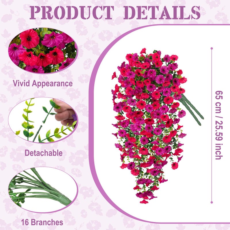 Hrobek Artificial Hanging Petunias Flowers for Outdoor, 2pcs Fake Plants Long Vine Morning Glory Eucalyptus, UV Resistant Realistic Faux Greenery Outside Patio Porch Garden Spring Decor, Purple Hot Pink - Image 2