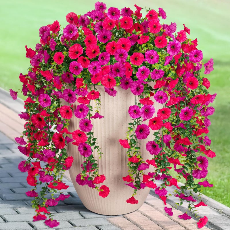 Hrobek Artificial Hanging Petunias Flowers for Outdoor, 2pcs Fake Plants Long Vine Morning Glory Eucalyptus, UV Resistant Realistic Faux Greenery Outside Patio Porch Garden Spring Decor, Purple Hot Pink - Image 1