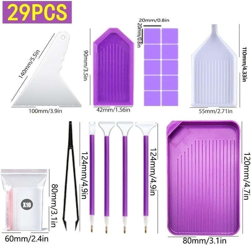 HZYH 29 Pcs Diamond Painting Accessories Kit, DIY Diamond Art Tools Set with Pens, Tweezers, Trays, Glue Clay, Zipper Bags, Correction Tool for Rhinestone Embroidery Craft Projects - Image 2