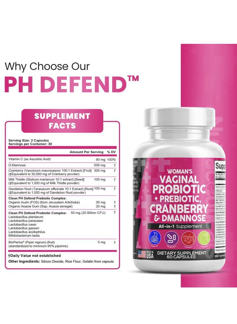 بروبيوتيك لايف Probiotics for Women + Prebiotics 20 Billion Cranberry Pills 30,000mg w/D-Mannose 500 mg for Urinary Tract Health pH Balance - Womens Vitamins for l Health 60 Capsules - Image 4