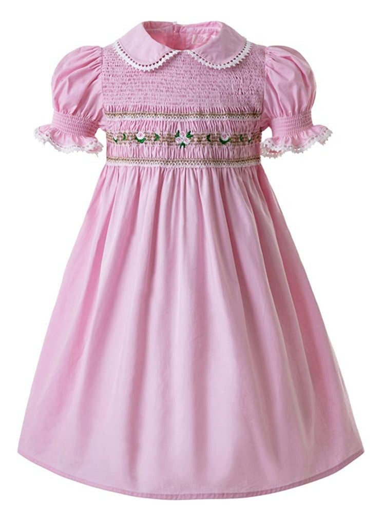 Spanish design pink cotton dress , Peter Pan collar and bell sleeves for girls' daily and special occasions, soft hand embroidered dress - Image 1