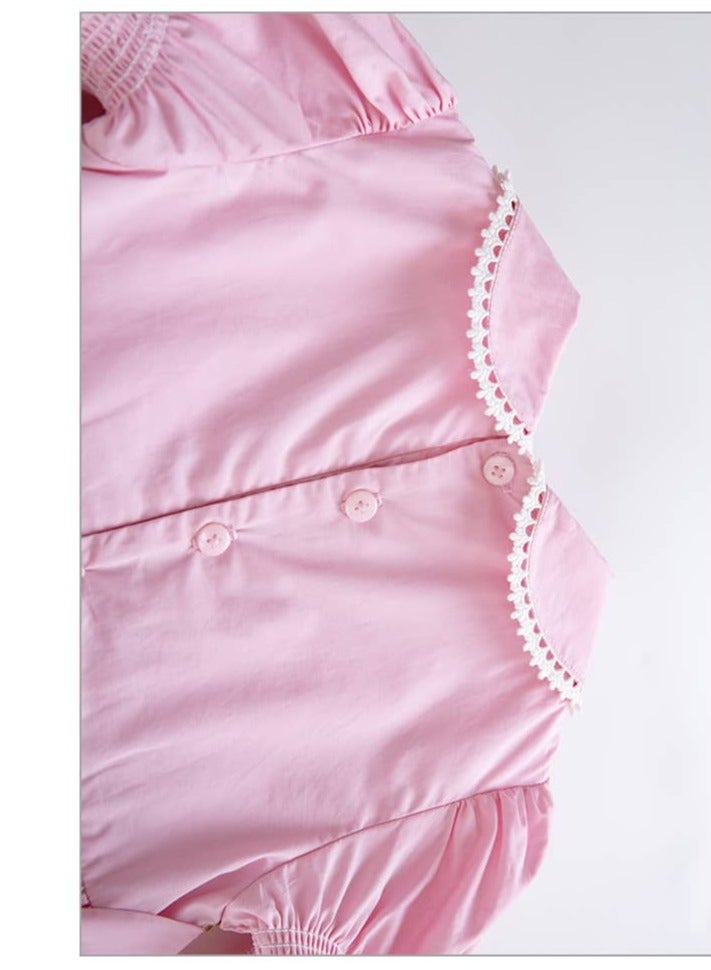 Spanish design pink cotton dress , Peter Pan collar and bell sleeves for girls' daily and special occasions, soft hand embroidered dress - Image 3