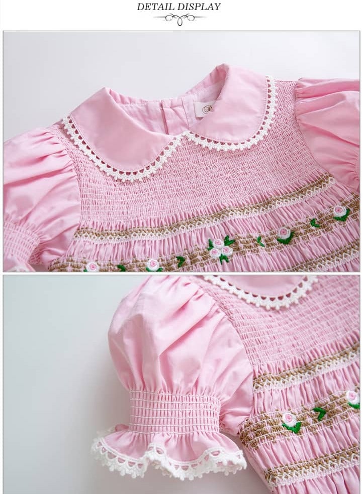Spanish design pink cotton dress , Peter Pan collar and bell sleeves for girls' daily and special occasions, soft hand embroidered dress - Image 4