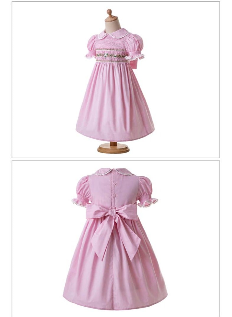 Spanish design pink cotton dress , Peter Pan collar and bell sleeves for girls' daily and special occasions, soft hand embroidered dress - Image 5