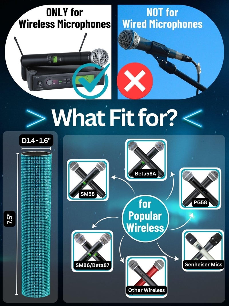 RhymKawa Microphone Cover for Shuer Wireless Microphone SM58, Beta58 Series Decorative Cyan Sleeve Replacement, Bling on Party Live Steam TV Stage Show Event Sparkly, Lake Blue (Mic Not Included) - Image 2