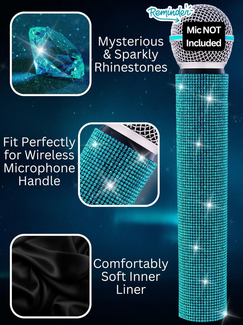 RhymKawa Microphone Cover for Shuer Wireless Microphone SM58, Beta58 Series Decorative Cyan Sleeve Replacement, Bling on Party Live Steam TV Stage Show Event Sparkly, Lake Blue (Mic Not Included) - Image 3