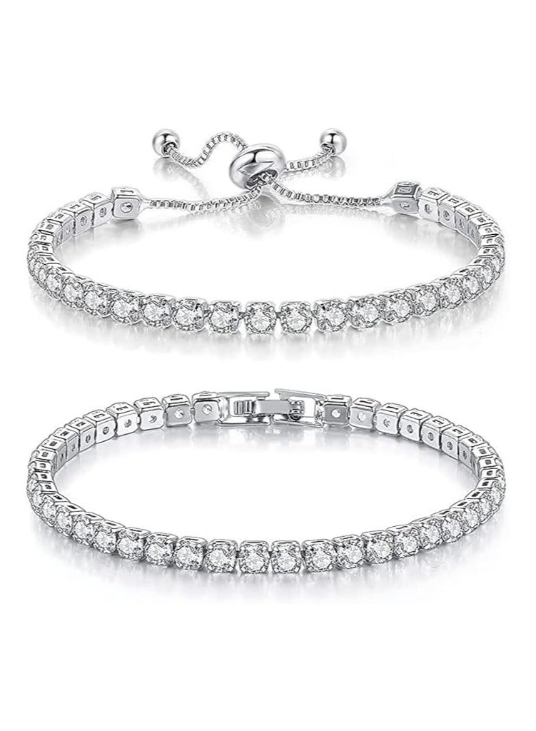 Women's Tennis Bracelets 14K White Gold Plated with Cubic Zirconia 4mm Classic Diamond Adjustable 16.51 & 19.05 cm (2 Pieces)