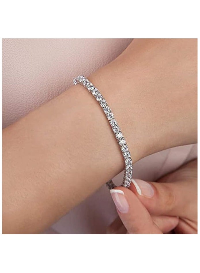 Women's Tennis Bracelets 14K White Gold Plated with Cubic Zirconia 4mm Classic Diamond Adjustable 16.51 & 19.05 cm (2 Pieces)