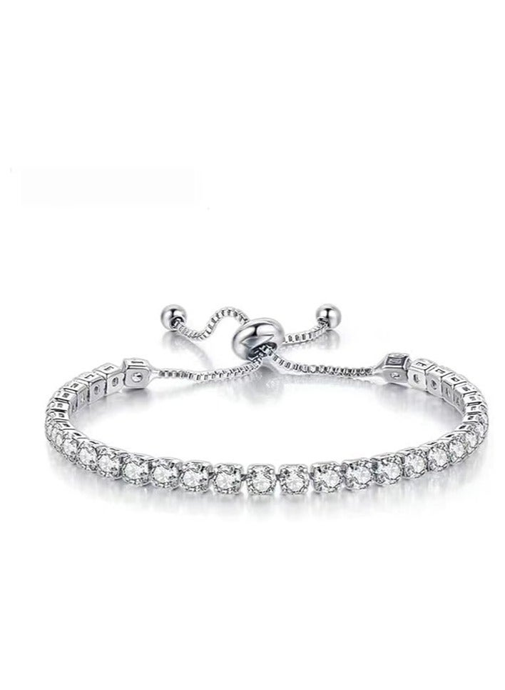 Women's Tennis Bracelets 14K White Gold Plated with Cubic Zirconia 4mm Classic Diamond Adjustable 16.51 & 19.05 cm (2 Pieces)