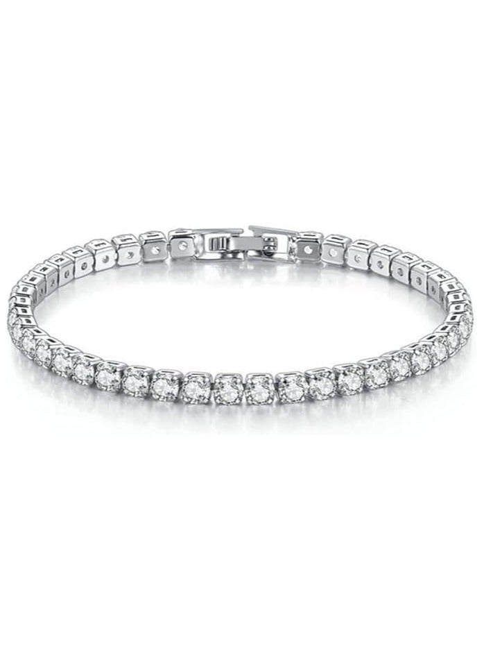 Women's Tennis Bracelets 14K White Gold Plated with Cubic Zirconia 4mm Classic Diamond Adjustable 16.51 & 19.05 cm (2 Pieces)