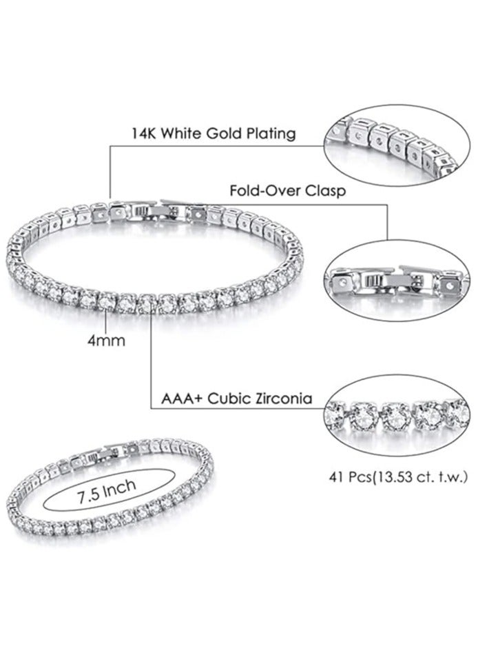 Women's Tennis Bracelets 14K White Gold Plated with Cubic Zirconia 4mm Classic Diamond Adjustable 16.51 & 19.05 cm (2 Pieces)